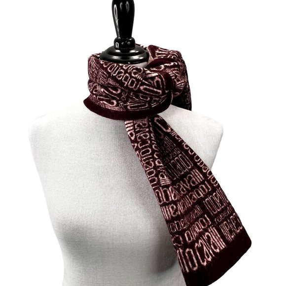 Roberto Cavalli Wool Blend Scarf Signature Logo Burgundy Beige Italy 45 inch - Picture 2 of 6